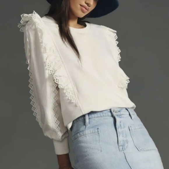 Anthropologie Ruffled Boho Eyelet White 100% Cotton Sweatshirt XS Fall - Picture 3 of 8